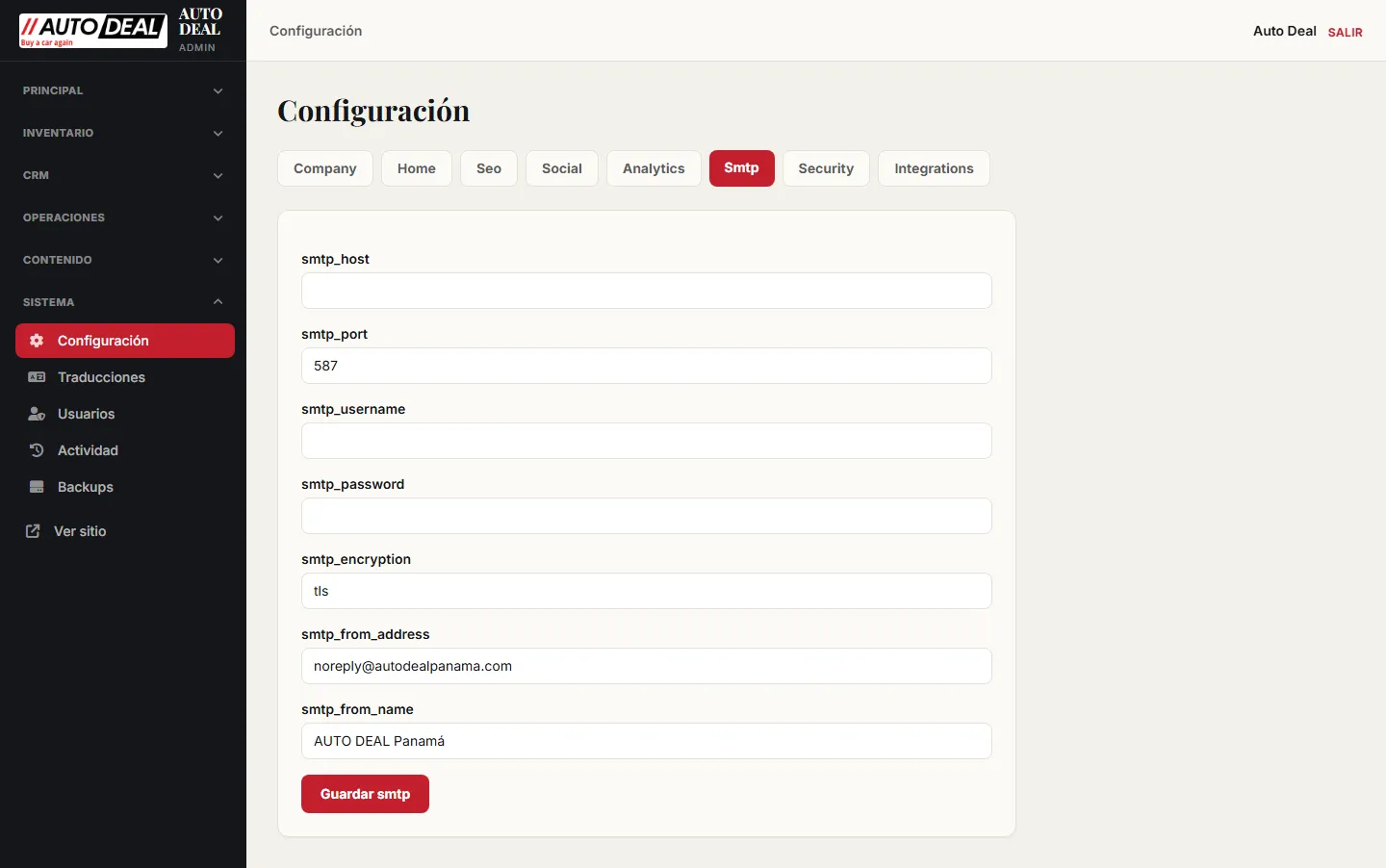 Configuración SMTP